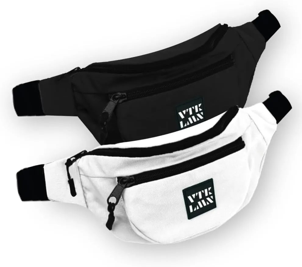 Vatkalimon Black and White Fanny Pack Set. Crossbody Bag with 2-Zipper, Fanny Pack for Men, Unisex Belt Bag with Black Adjustable Strap