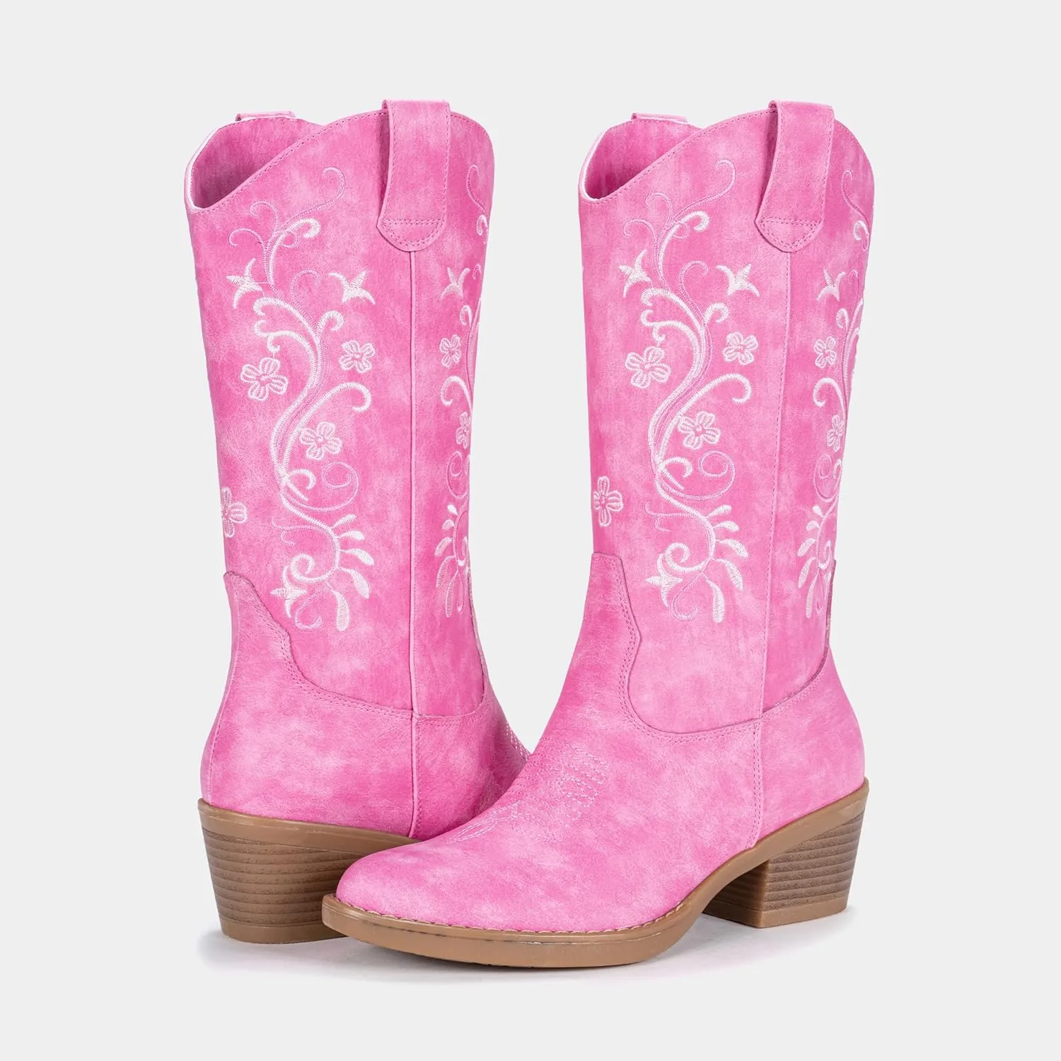 Vepose Women's Cowboy Boots, Embroidered Western Mid-Calf 9802 Cowgirl Boots, Pointed Toe Pull on Boots with Chunky Heel