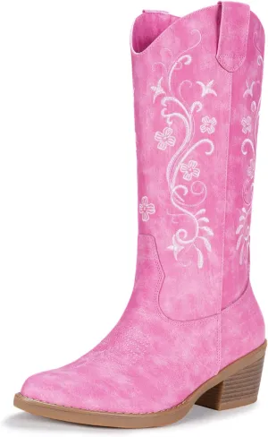 Vepose Women's Cowboy Boots, Embroidered Western Mid-Calf 9802 Cowgirl Boots, Pointed Toe Pull on Boots with Chunky Heel