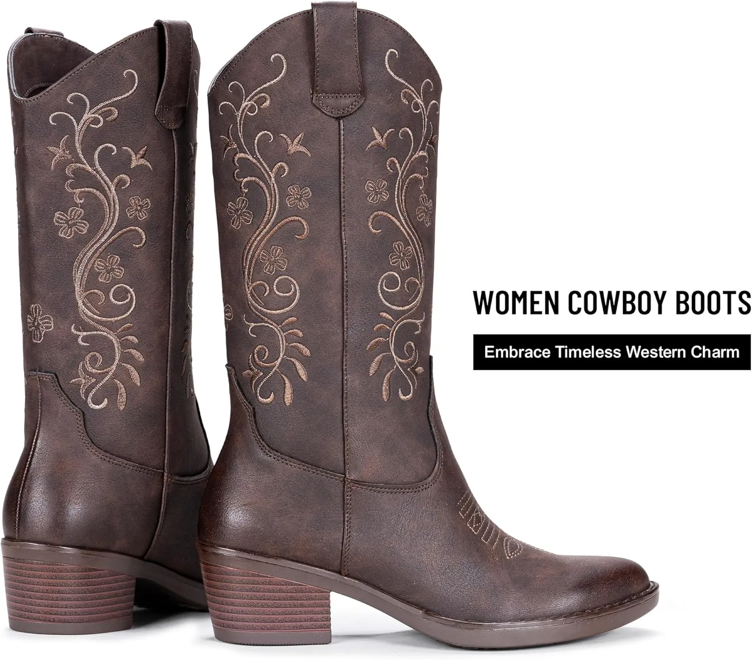 Vepose Women's Cowboy Boots, Embroidered Western Mid-Calf 9802 Cowgirl Boots, Pointed Toe Pull on Boots with Chunky Heel