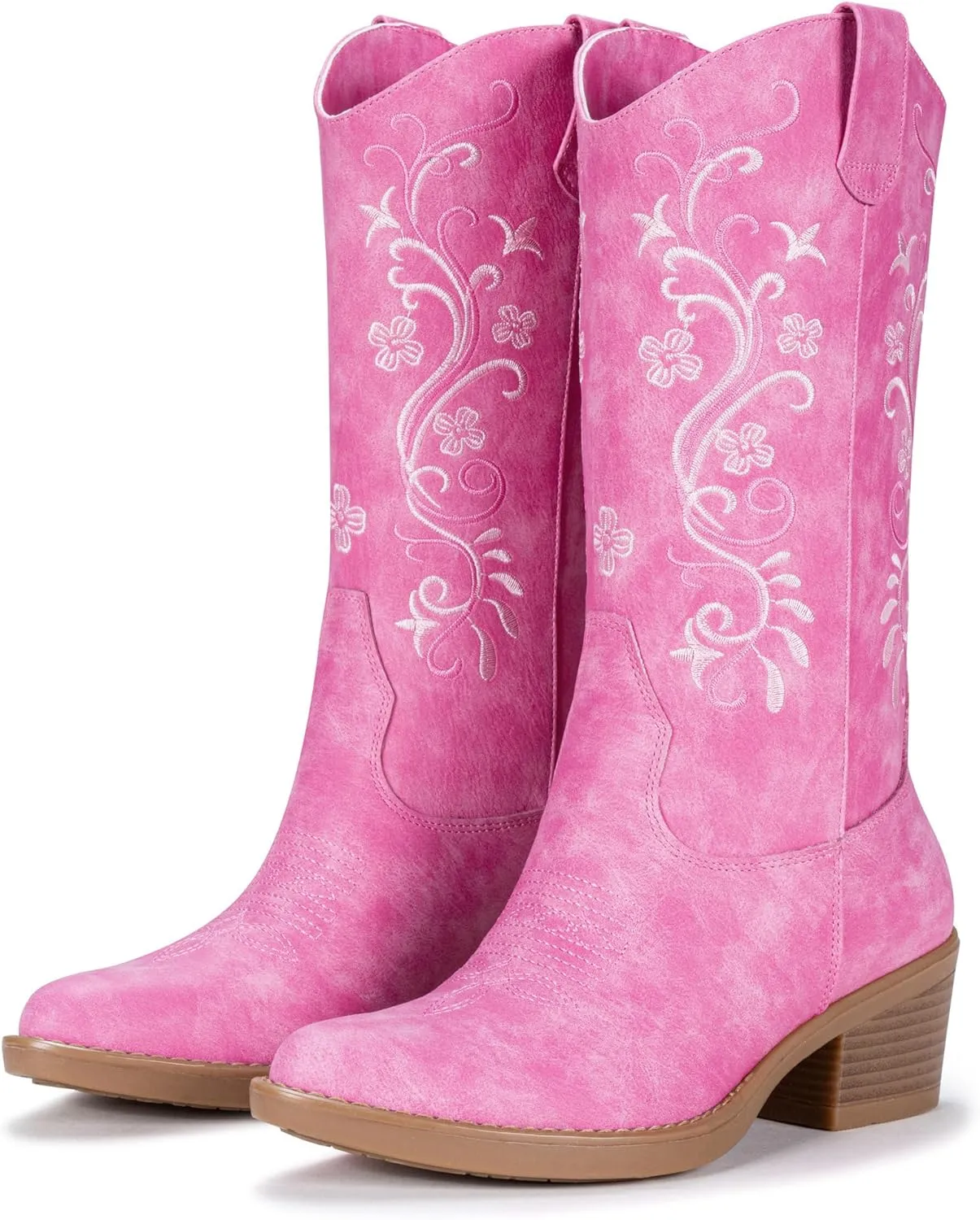 Vepose Women's Cowboy Boots, Embroidered Western Mid-Calf 9802 Cowgirl Boots, Pointed Toe Pull on Boots with Chunky Heel
