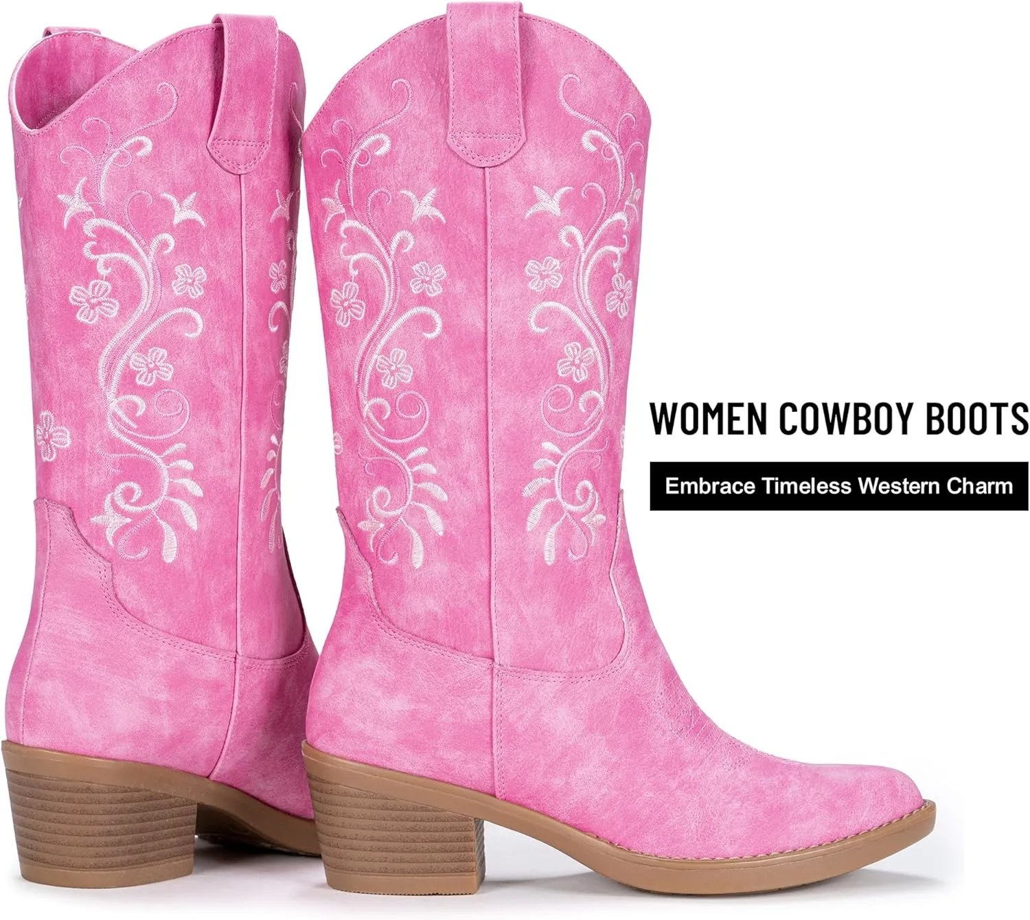 Vepose Women's Cowboy Boots, Embroidered Western Mid-Calf 9802 Cowgirl Boots, Pointed Toe Pull on Boots with Chunky Heel