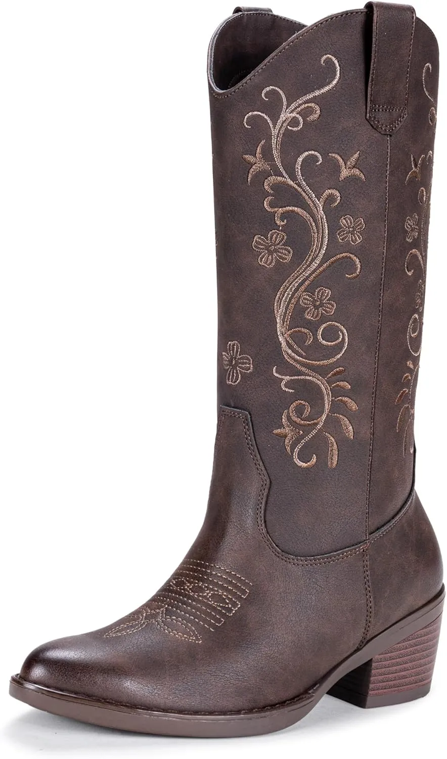 Vepose Women's Cowboy Boots, Embroidered Western Mid-Calf 9802 Cowgirl Boots, Pointed Toe Pull on Boots with Chunky Heel