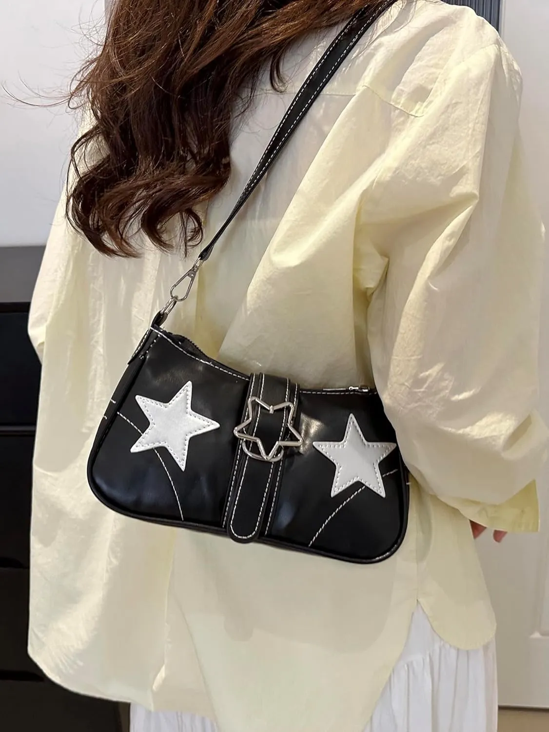 Verdusa Women's Y2K Punk Shoulder Handbags Star Pattern PU Leather Underarm Bag
