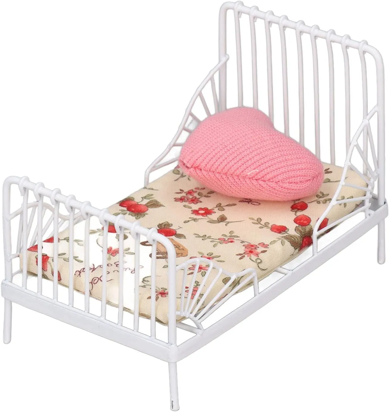 VGEBY 1:12 Scale Dollhouse Bed, Pastoral Floral Metal Bed with Cute Pillow Metal FrameMiniature Bed (Floral Pattern)