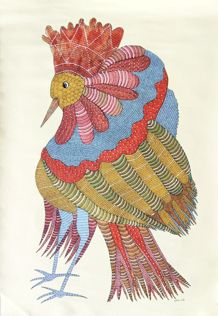 Vibrant bird in Gond by Sukhiram Maravi