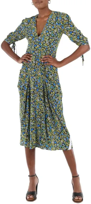 Victoria Beckham Women's Deep V Ruched Sleeve Midi Dress, Black/Yellow/Blue/Green, 12