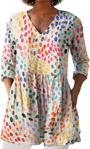 Vintage Boho Tops for Women Summer Casual Linen Oversized Long Sleeve Shirt Floral Graphic V Neck Blouses Vacation