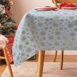 Violet Linen Seasonal Xmas Christmas Holiday European Stars Winter Snowflakes Solid White Pattern, Polyester Woven Foil Printed Fabric, Gold, 52 inch by 70 inch, Rectangular Tablecloths