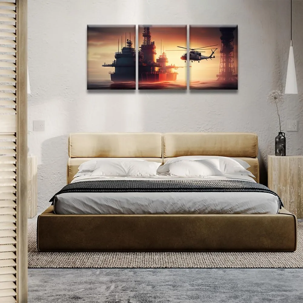 Wall Art for Living Room Oil Rig in the Open Sea Wall Decor Helicopter Flying Canvas Wall Art 3 Pieces Offshore Petroleum Platform Oil Rig Wall Painting Artwork Framed Ready to Hang 12X16INCH X3