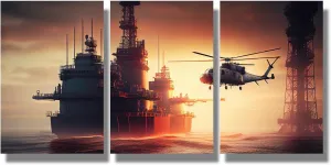 Wall Art for Living Room Oil Rig in the Open Sea Wall Decor Helicopter Flying Canvas Wall Art 3 Pieces Offshore Petroleum Platform Oil Rig Wall Painting Artwork Framed Ready to Hang 12X16INCH X3