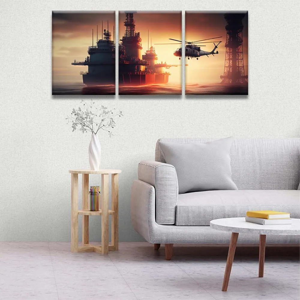 Wall Art for Living Room Oil Rig in the Open Sea Wall Decor Helicopter Flying Canvas Wall Art 3 Pieces Offshore Petroleum Platform Oil Rig Wall Painting Artwork Framed Ready to Hang 12X16INCH X3
