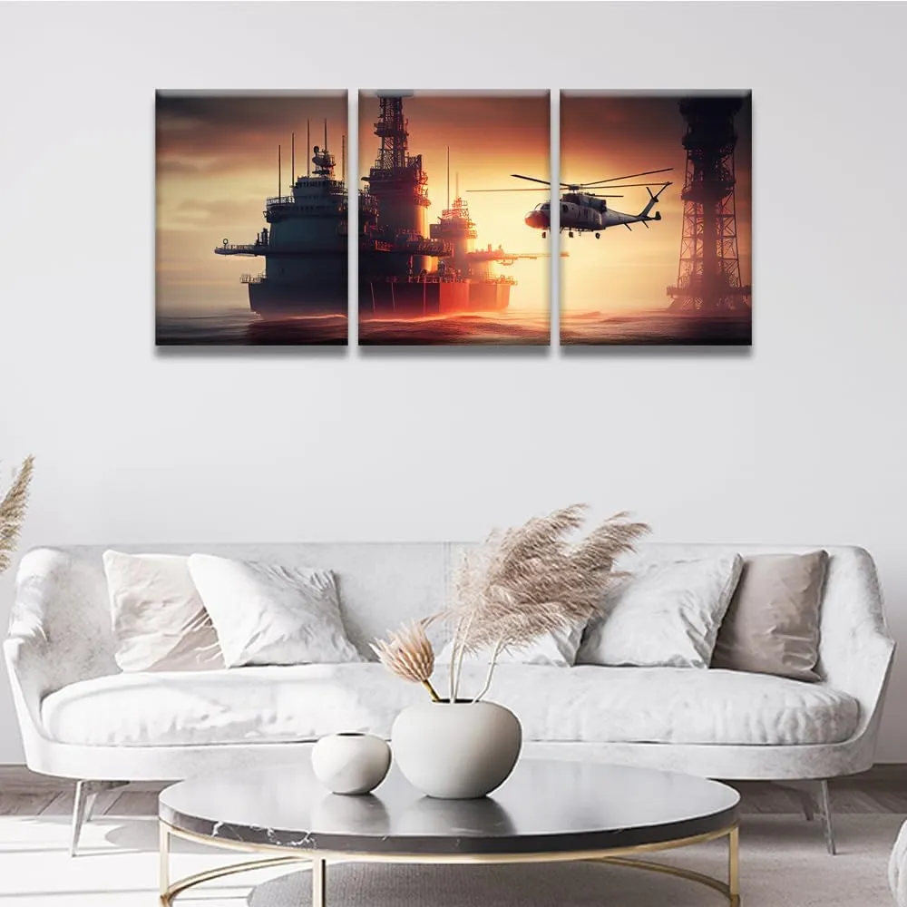Wall Art for Living Room Oil Rig in the Open Sea Wall Decor Helicopter Flying Canvas Wall Art 3 Pieces Offshore Petroleum Platform Oil Rig Wall Painting Artwork Framed Ready to Hang 12X16INCH X3
