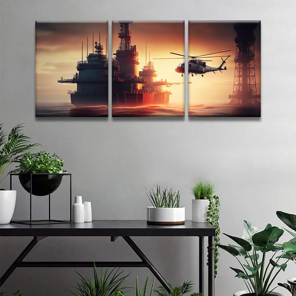 Wall Art for Living Room Oil Rig in the Open Sea Wall Decor Helicopter Flying Canvas Wall Art 3 Pieces Offshore Petroleum Platform Oil Rig Wall Painting Artwork Framed Ready to Hang 12X16INCH X3