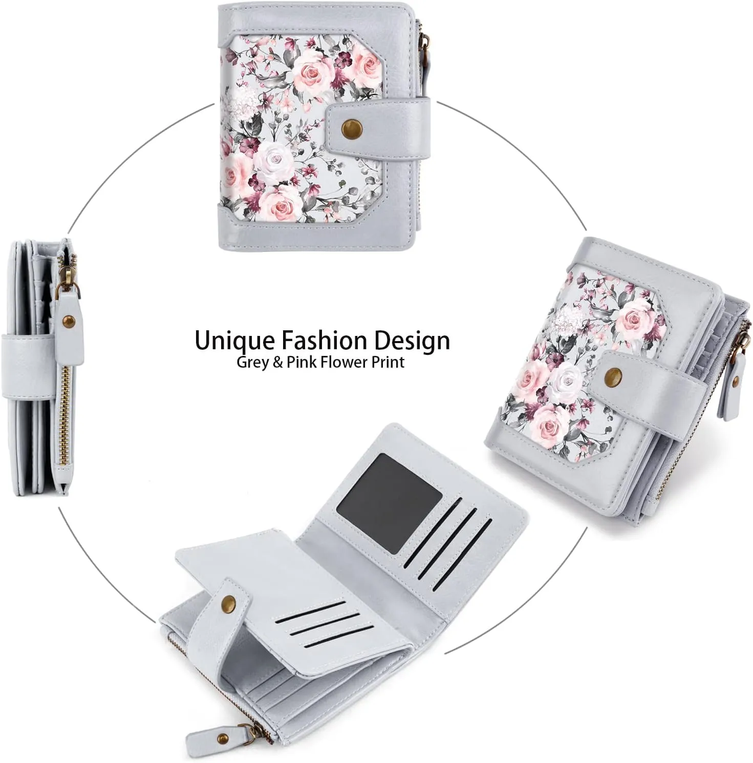 Wallets for Women RFID Blocking Wallet Small Bifold Leather Pocket Wallet Ladies Mini Purse with ID Window,Grey Flower