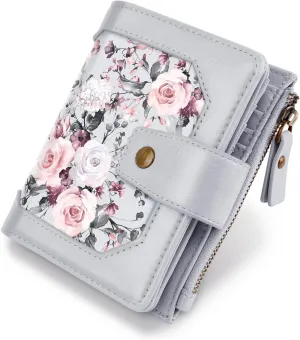 Wallets for Women RFID Blocking Wallet Small Bifold Leather Pocket Wallet Ladies Mini Purse with ID Window,Grey Flower