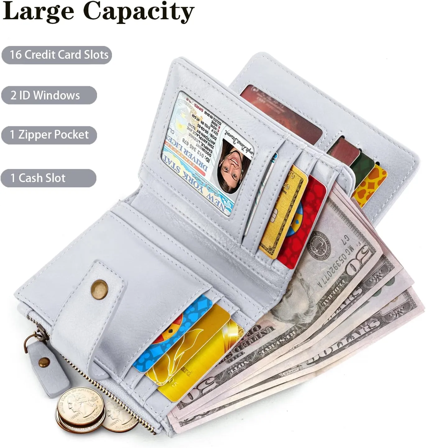Wallets for Women RFID Blocking Wallet Small Bifold Leather Pocket Wallet Ladies Mini Purse with ID Window,Grey Flower