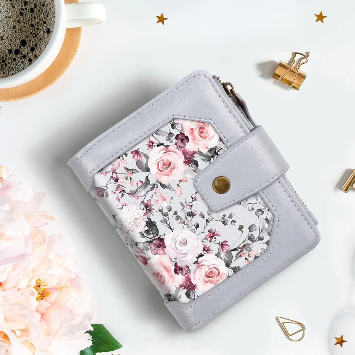 Wallets for Women RFID Blocking Wallet Small Bifold Leather Pocket Wallet Ladies Mini Purse with ID Window,Grey Flower
