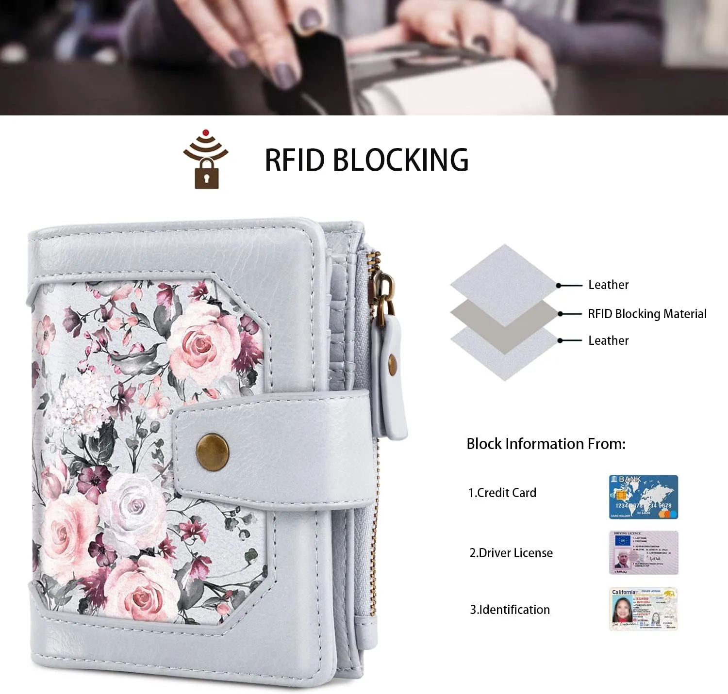 Wallets for Women RFID Blocking Wallet Small Bifold Leather Pocket Wallet Ladies Mini Purse with ID Window,Grey Flower