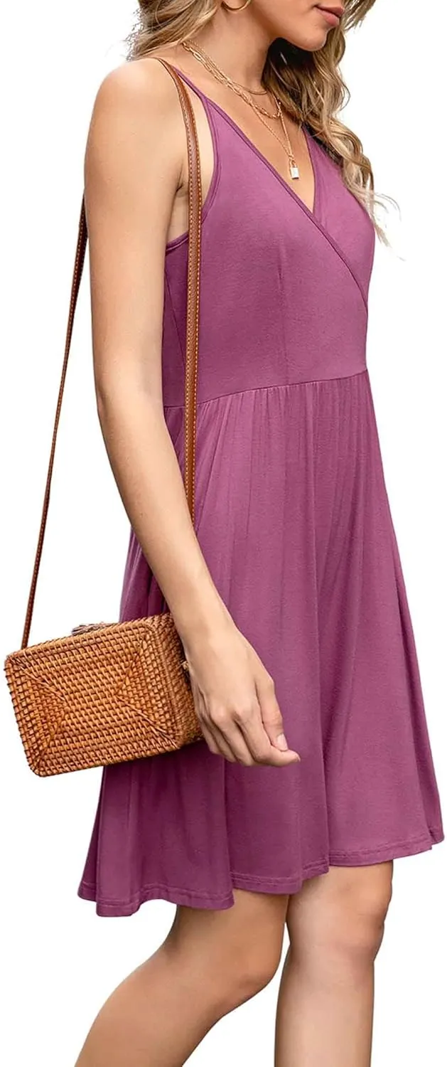 WEACZZY Women's 2025 Summer Dresses V Neck Spaghetti Strap Sundress Casual Beach Flowy Mini Dress with Pockets
