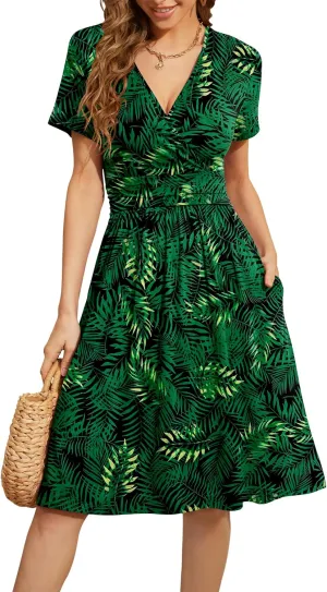 WEACZZY Women's Summer Short Sleeve Casual Dresses V-Neck Floral Party Dress with Pockets