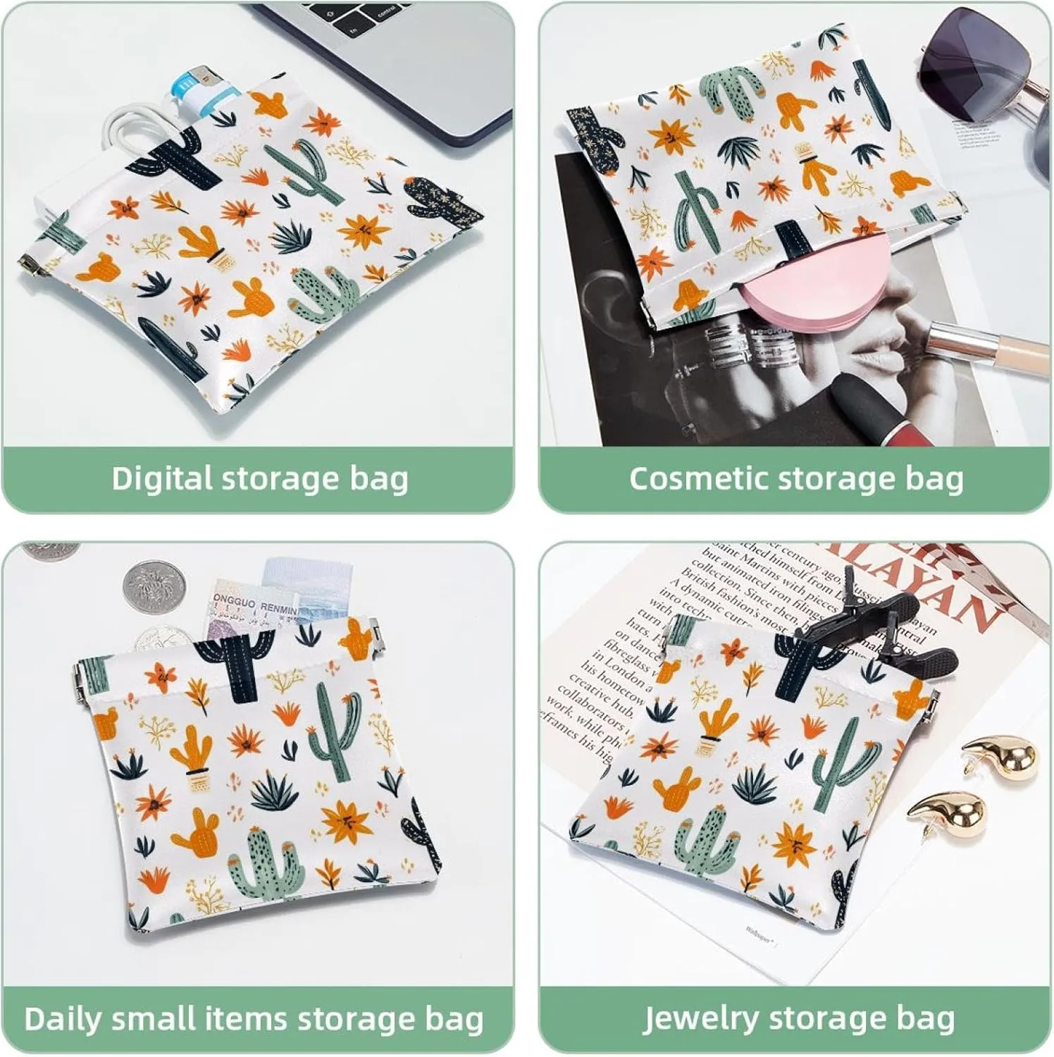 Western Themed Cactus Cowboy Boho Seamless Pattern Pocket Cosmetic Bag, Waterproof Squeeze Makeup Bag No Zipper Self-Closing, Portable Mini Travel Storage for Headphones Jewelry