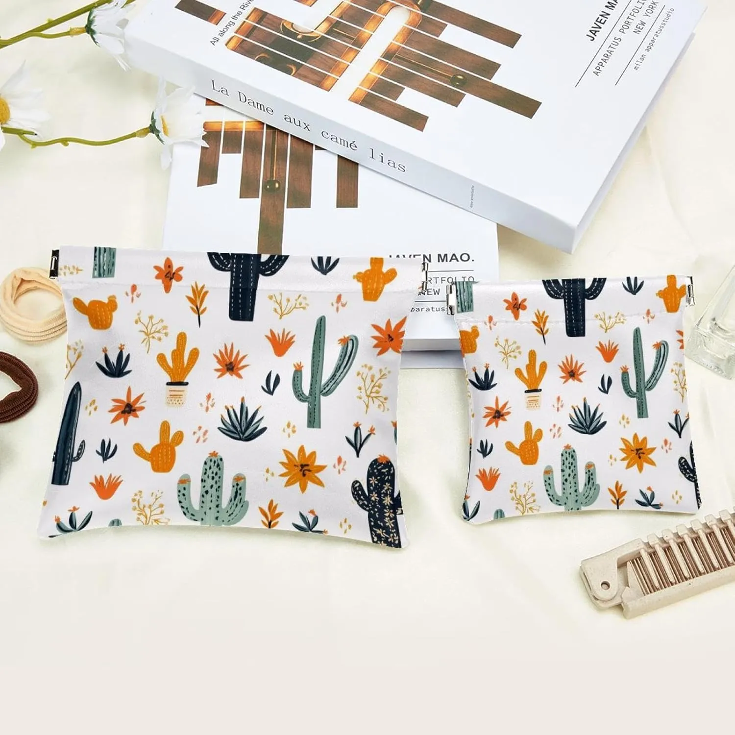 Western Themed Cactus Cowboy Boho Seamless Pattern Pocket Cosmetic Bag, Waterproof Squeeze Makeup Bag No Zipper Self-Closing, Portable Mini Travel Storage for Headphones Jewelry