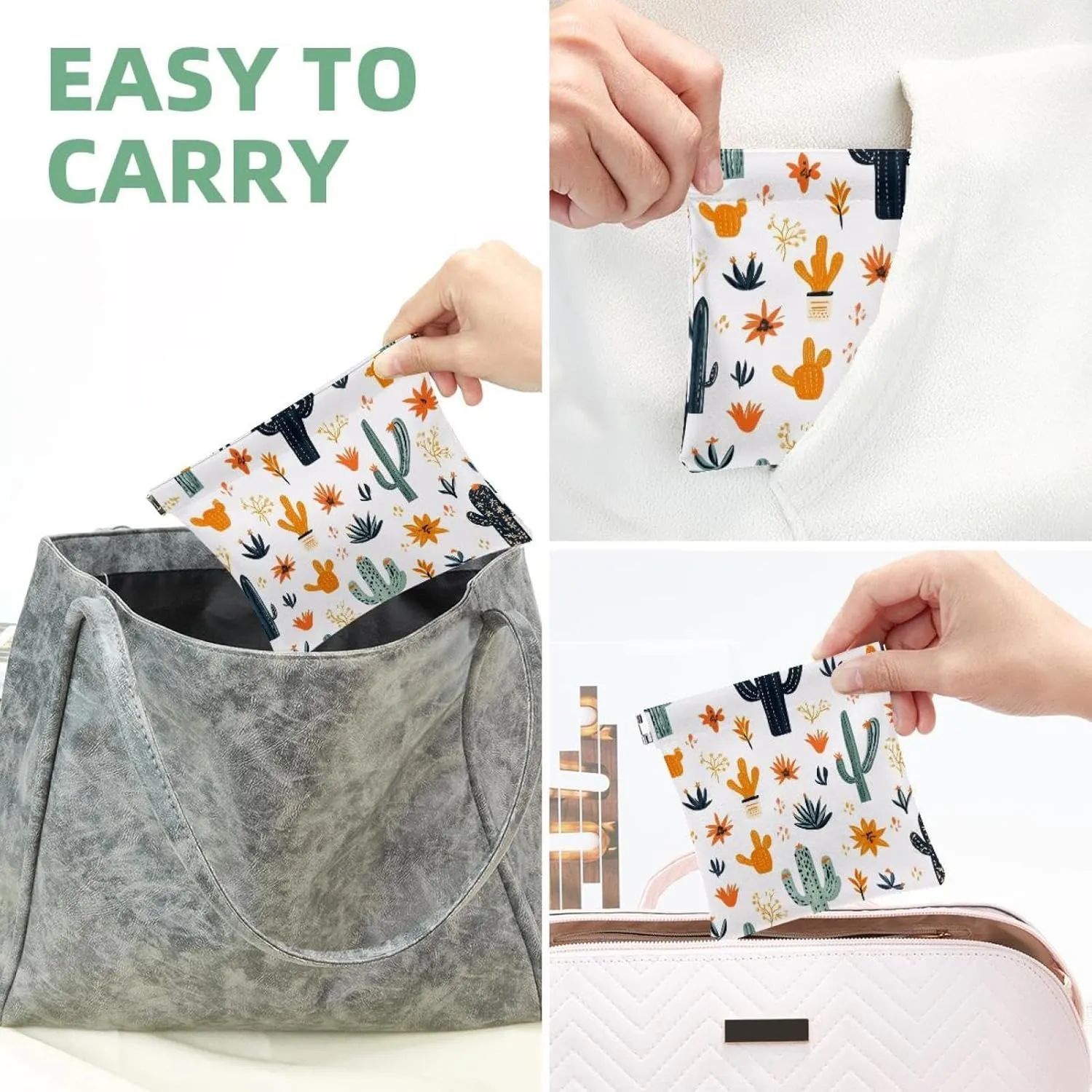 Western Themed Cactus Cowboy Boho Seamless Pattern Pocket Cosmetic Bag, Waterproof Squeeze Makeup Bag No Zipper Self-Closing, Portable Mini Travel Storage for Headphones Jewelry