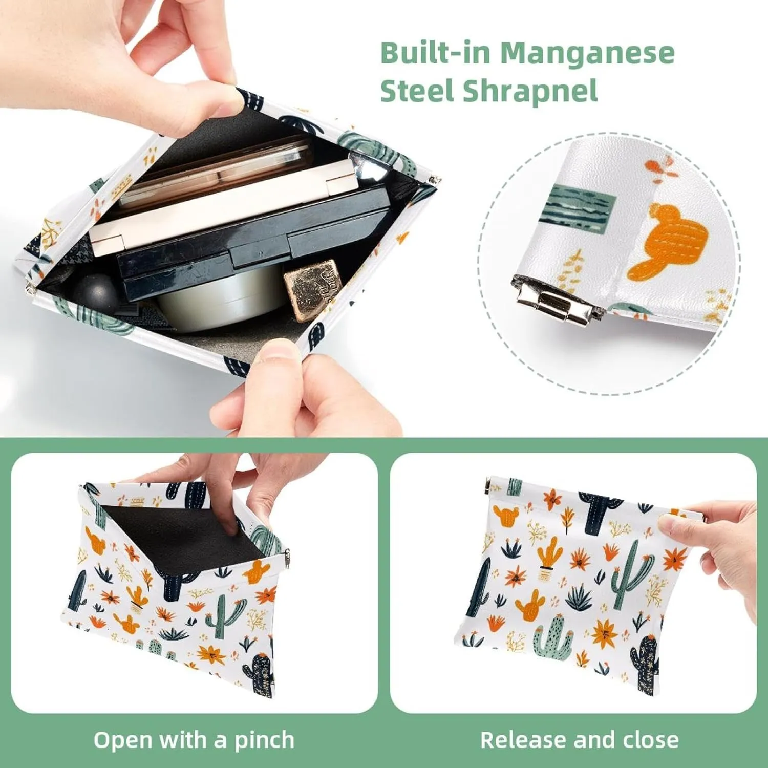 Western Themed Cactus Cowboy Boho Seamless Pattern Pocket Cosmetic Bag, Waterproof Squeeze Makeup Bag No Zipper Self-Closing, Portable Mini Travel Storage for Headphones Jewelry