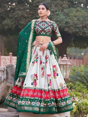 White & Green Flower Printed Tussar Silk Lehenga Choli For Garba