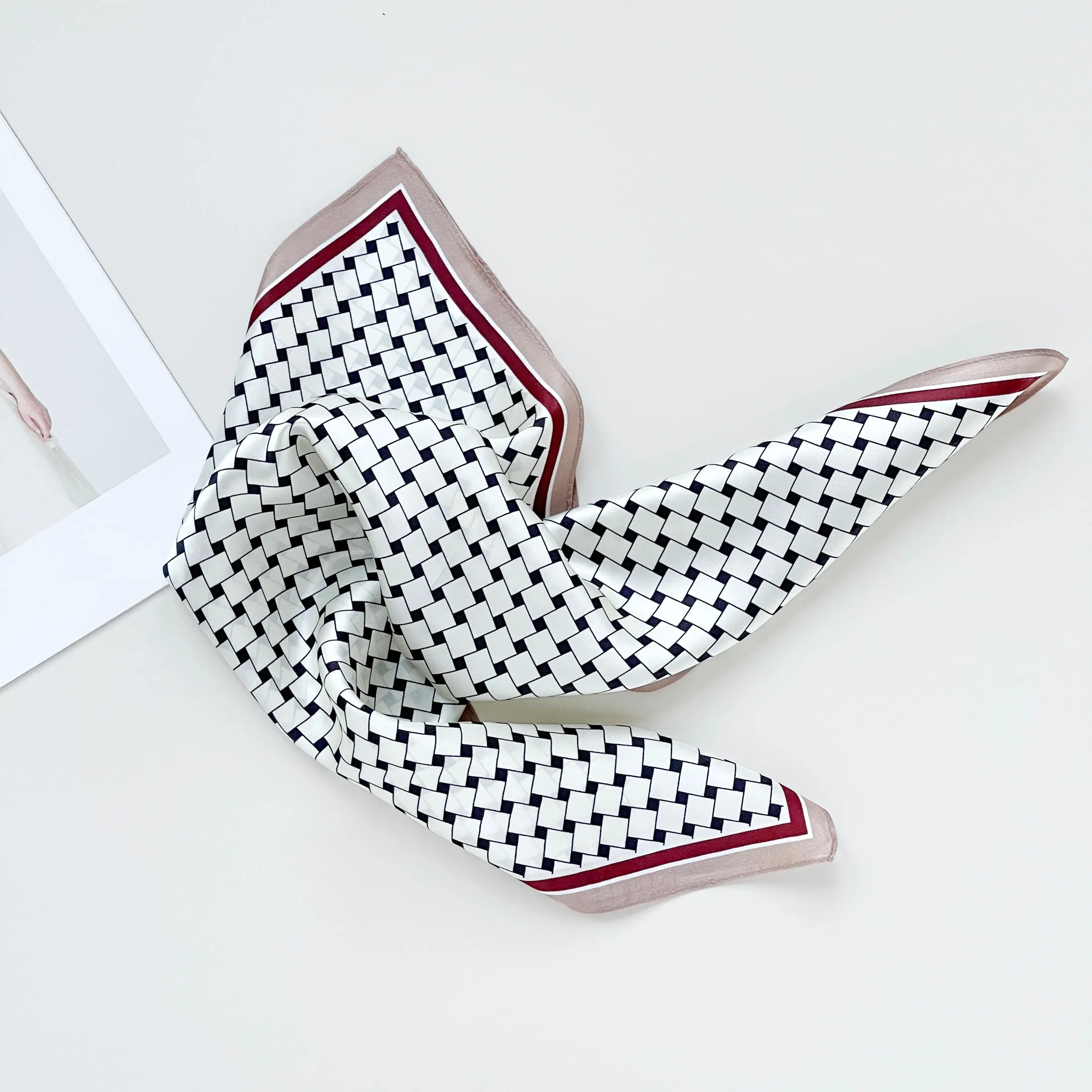 White Burgundy Refined Squares Silk Scarf - 53cm Unisex Bandana