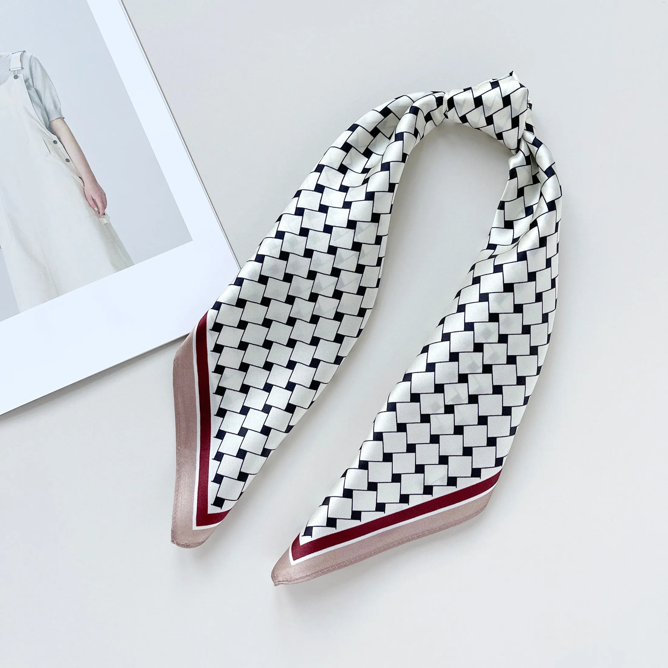 White Burgundy Refined Squares Silk Scarf - 53cm Unisex Bandana