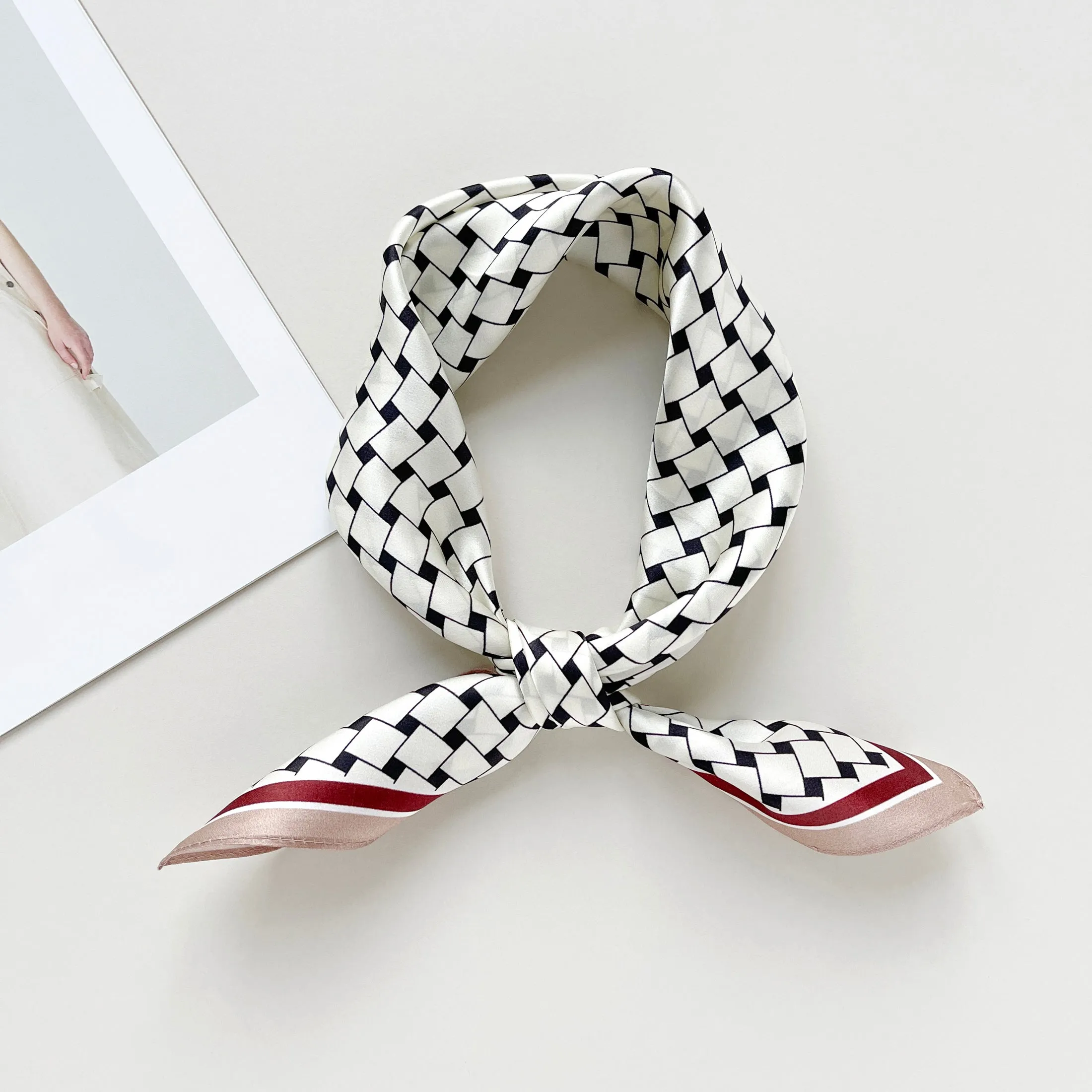 White Burgundy Refined Squares Silk Scarf - 53cm Unisex Bandana