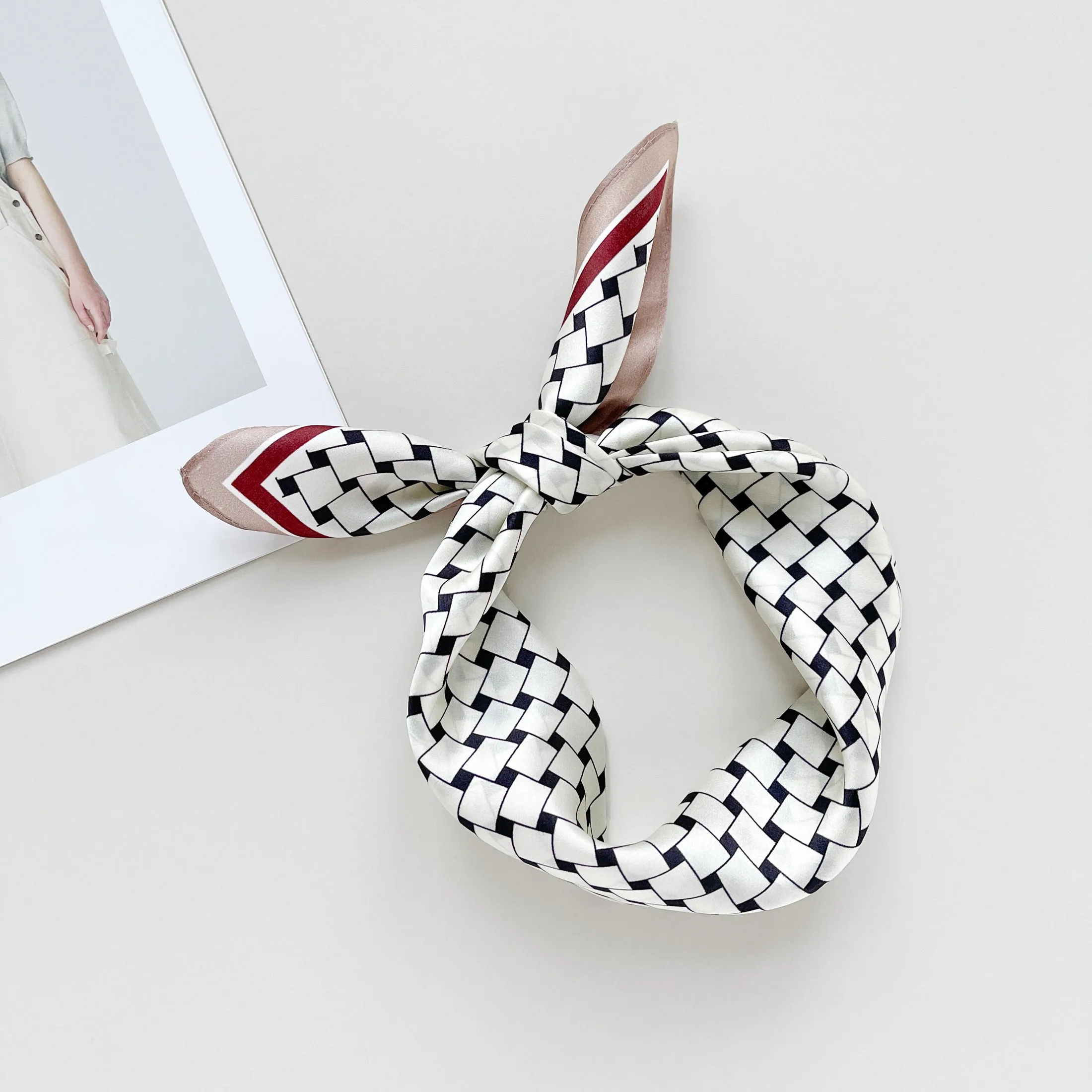 White Burgundy Refined Squares Silk Scarf - 53cm Unisex Bandana