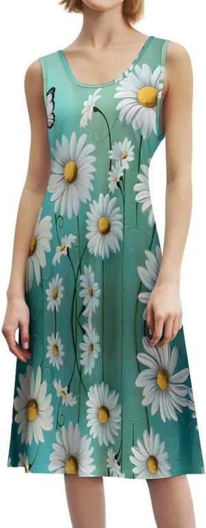 White Daisy Floral Turquoise Funny Women's Casual Sleeveless Dress Long Maxi Sundress Tank Dresses