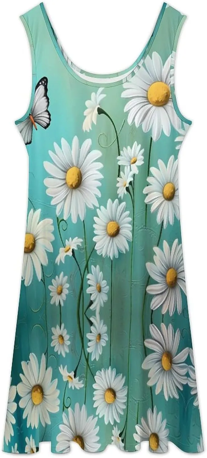White Daisy Floral Turquoise Funny Women's Casual Sleeveless Dress Long Maxi Sundress Tank Dresses
