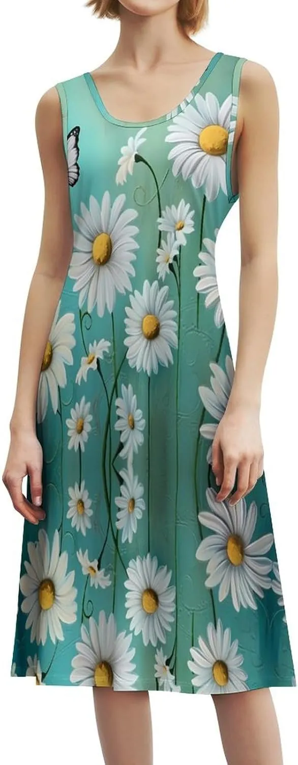 White Daisy Floral Turquoise Funny Women's Casual Sleeveless Dress Long Maxi Sundress Tank Dresses
