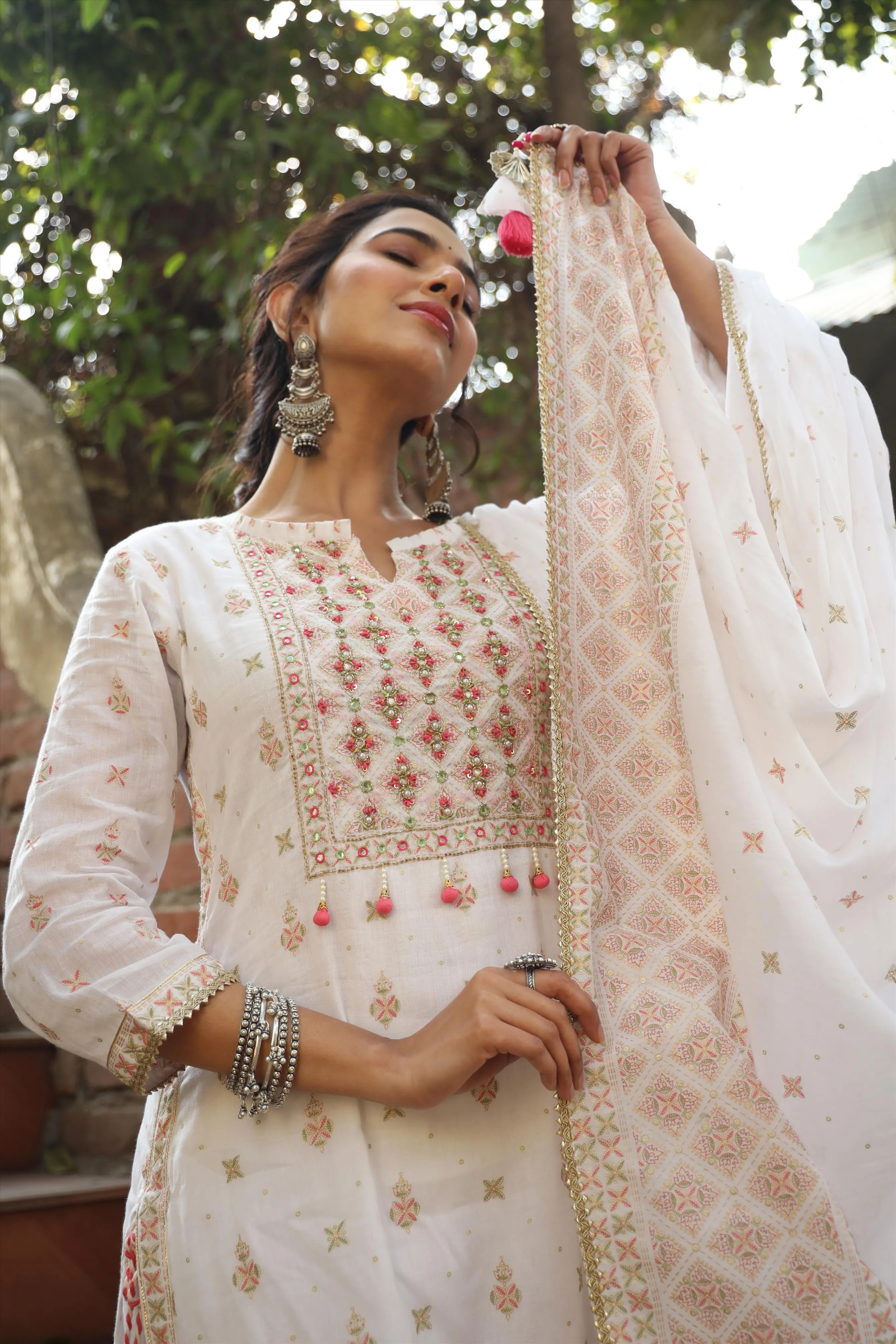 White Mul Cotton Foil Print & Handwork Yoke Design Kurti Sharara Dupatta Set