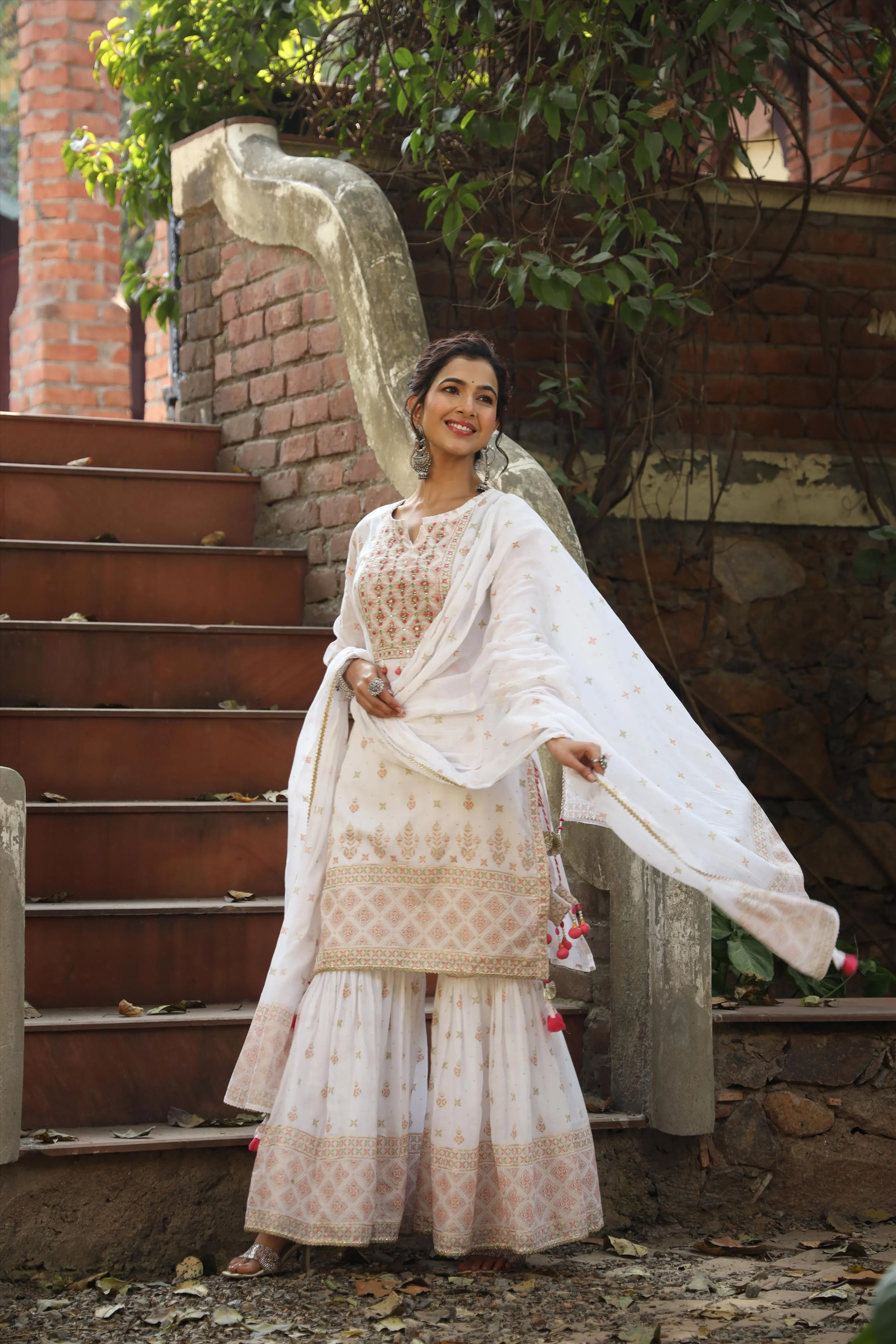 White Mul Cotton Foil Print & Handwork Yoke Design Kurti Sharara Dupatta Set