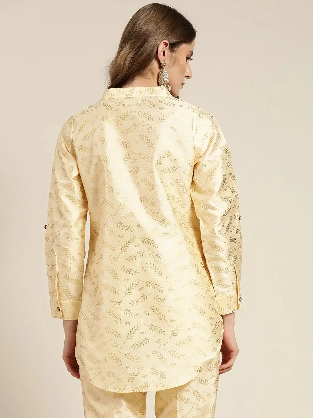 Women Beige Chanderi Gold Foil High Low Shirt