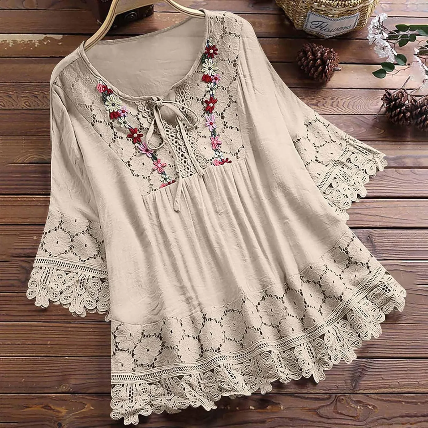 Women Cotton Linen Embroidered Tops Loose Fit Tunic 3/4 Sleeve Summer Blouse Shirts Boho Peasant Trendy Clothes 2024