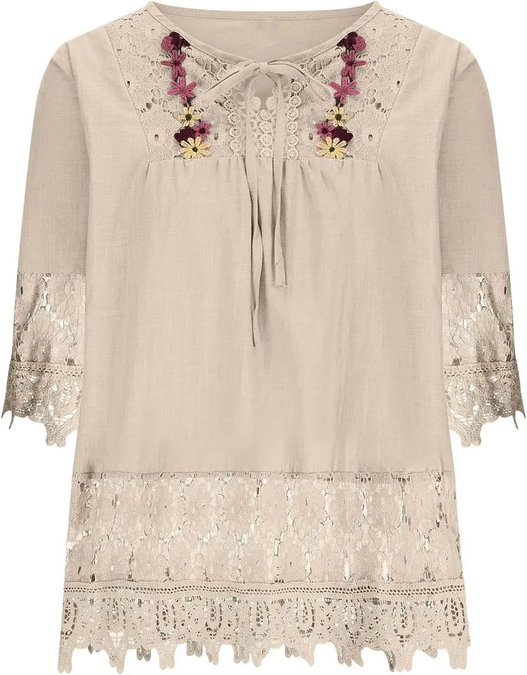 Women Cotton Linen Embroidered Tops Loose Fit Tunic 3/4 Sleeve Summer Blouse Shirts Boho Peasant Trendy Clothes 2024