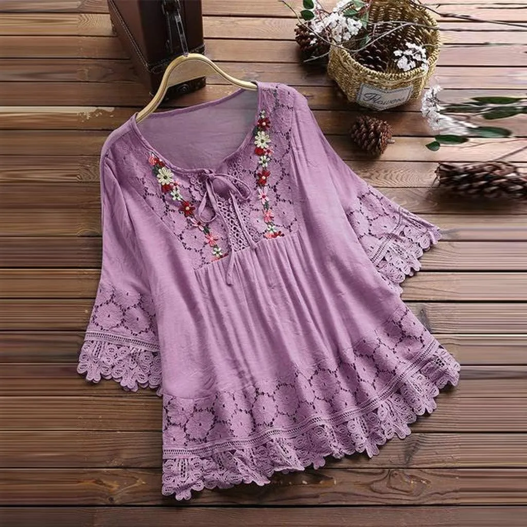 Women Cotton Linen Embroidered Tops Loose Fit Tunic 3/4 Sleeve Summer Blouse Shirts Boho Peasant Trendy Clothes 2024