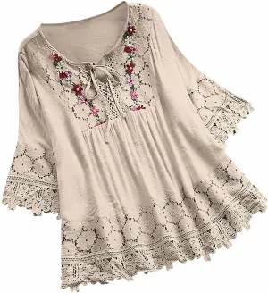 Women Cotton Linen Embroidered Tops Loose Fit Tunic 3/4 Sleeve Summer Blouse Shirts Boho Peasant Trendy Clothes 2024