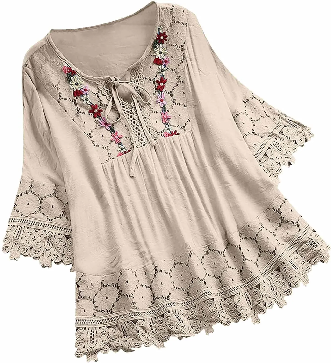 Women Cotton Linen Embroidered Tops Loose Fit Tunic 3/4 Sleeve Summer Blouse Shirts Boho Peasant Trendy Clothes 2024