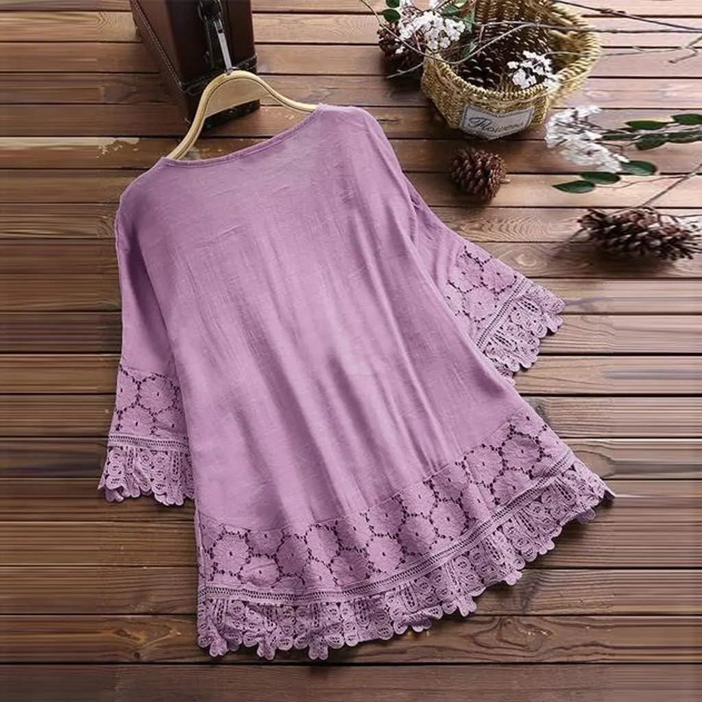 Women Cotton Linen Embroidered Tops Loose Fit Tunic 3/4 Sleeve Summer Blouse Shirts Boho Peasant Trendy Clothes 2024