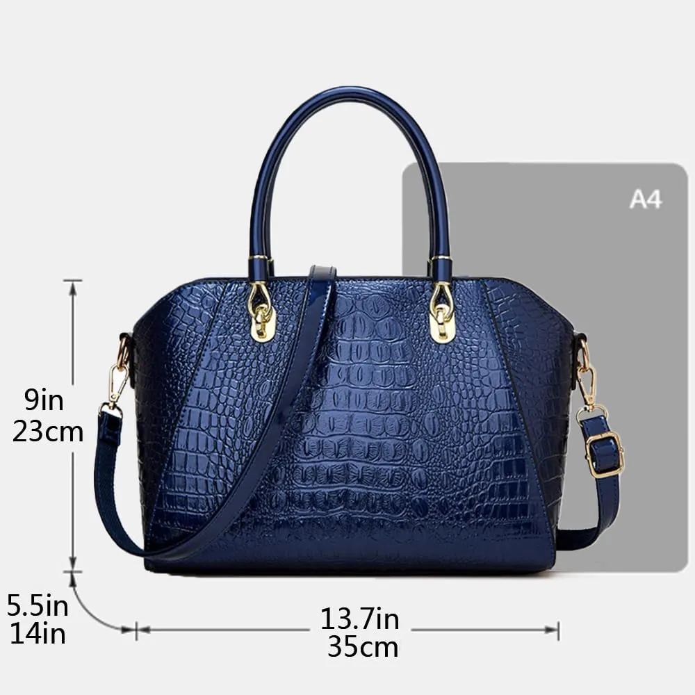 Women Crocodile Pattern Purse Tote Satchel Glossy Elegant Top Handle Handbag Shoulder Bag