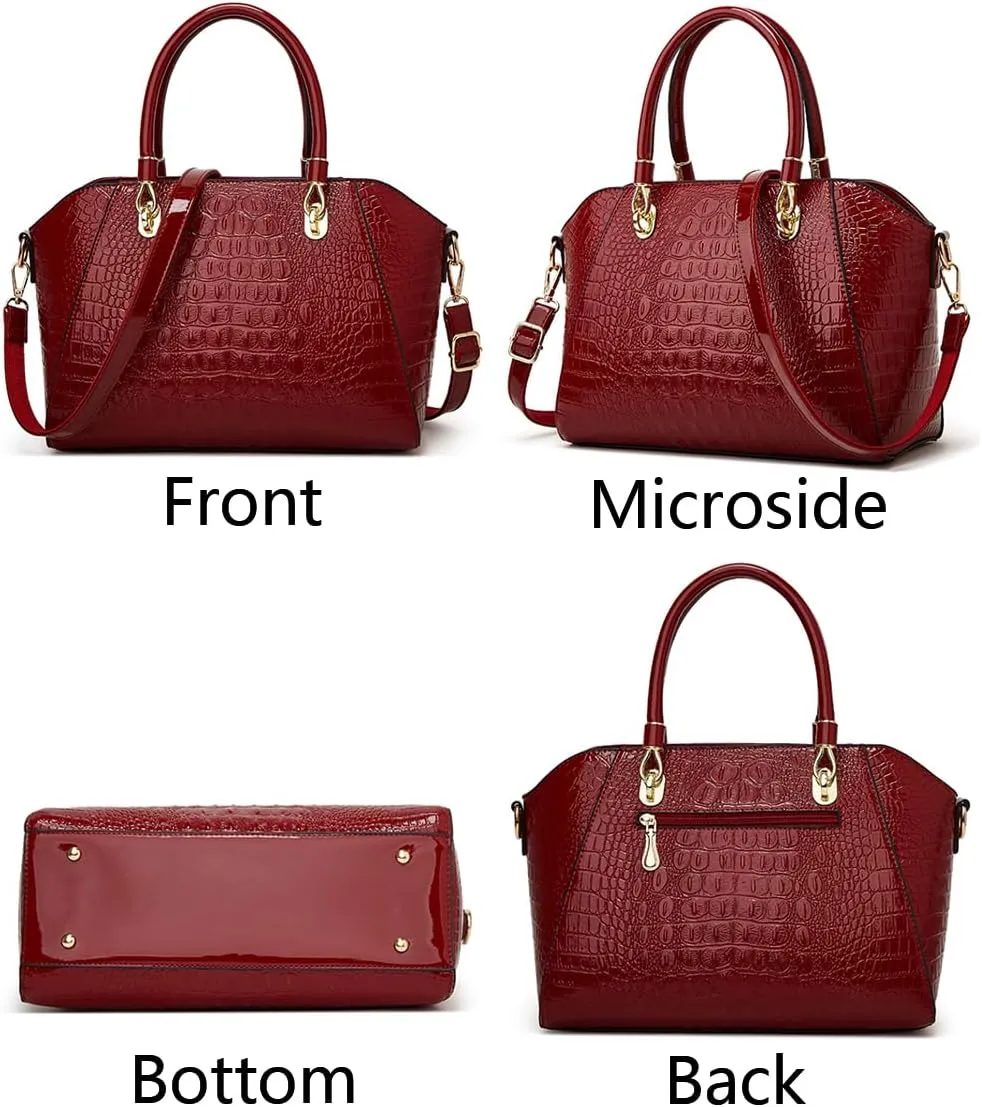 Women Crocodile Pattern Purse Tote Satchel Glossy Elegant Top Handle Handbag Shoulder Bag
