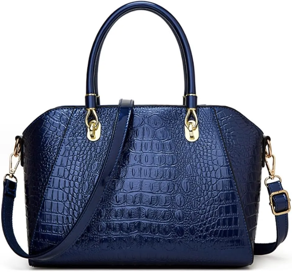 Women Crocodile Pattern Purse Tote Satchel Glossy Elegant Top Handle Handbag Shoulder Bag
