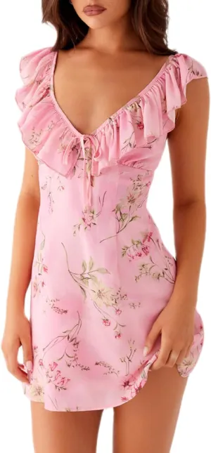Women Floral Bodycon Mini Dress Y2K Flower Print Cami Dress Spaghetti Strap Going Out Dresses Summer Beachwear